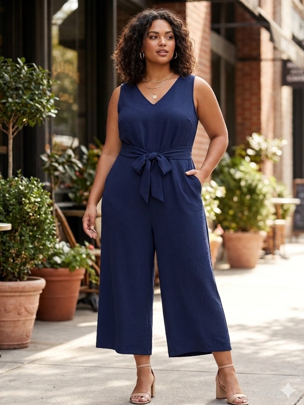 Vince Camuto Navy V-Neck Sleeveless Tie-Waist Wide-Leg Jumpsuit
